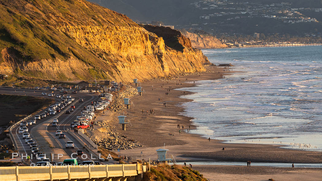 Torrey Pines State Beach at Sunset, La Jolla, Mount Soledad and Blacks Beach in the distance. Torrey Pines State Reserve, San Diego, California, USA, natural history stock photograph, photo id 35127