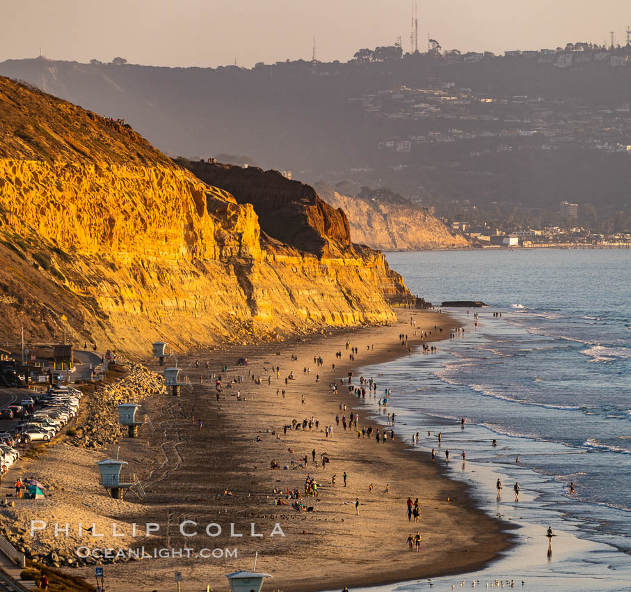 Torrey Pines State Beach at Sunset, La Jolla, Mount Soledad and Blacks Beach in the distance. Torrey Pines State Reserve, San Diego, California, USA, natural history stock photograph, photo id 35847