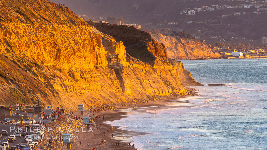 Torrey Pines State Beach at Sunset, La Jolla, Mount Soledad and Blacks Beach in the distance. Torrey Pines State Reserve, San Diego, California, USA, natural history stock photograph, photo id 35061