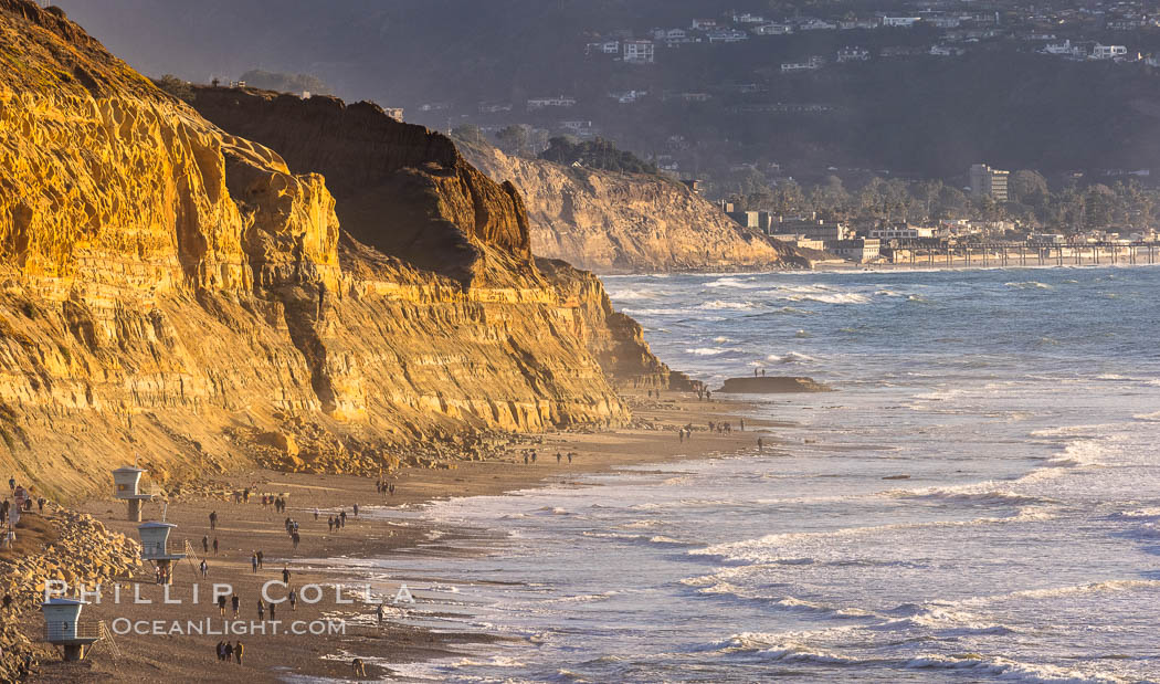 Torrey Pines State Beach at Sunset, La Jolla, Mount Soledad and Blacks Beach in the distance. Torrey Pines State Reserve, San Diego, California, USA, natural history stock photograph, photo id 36741