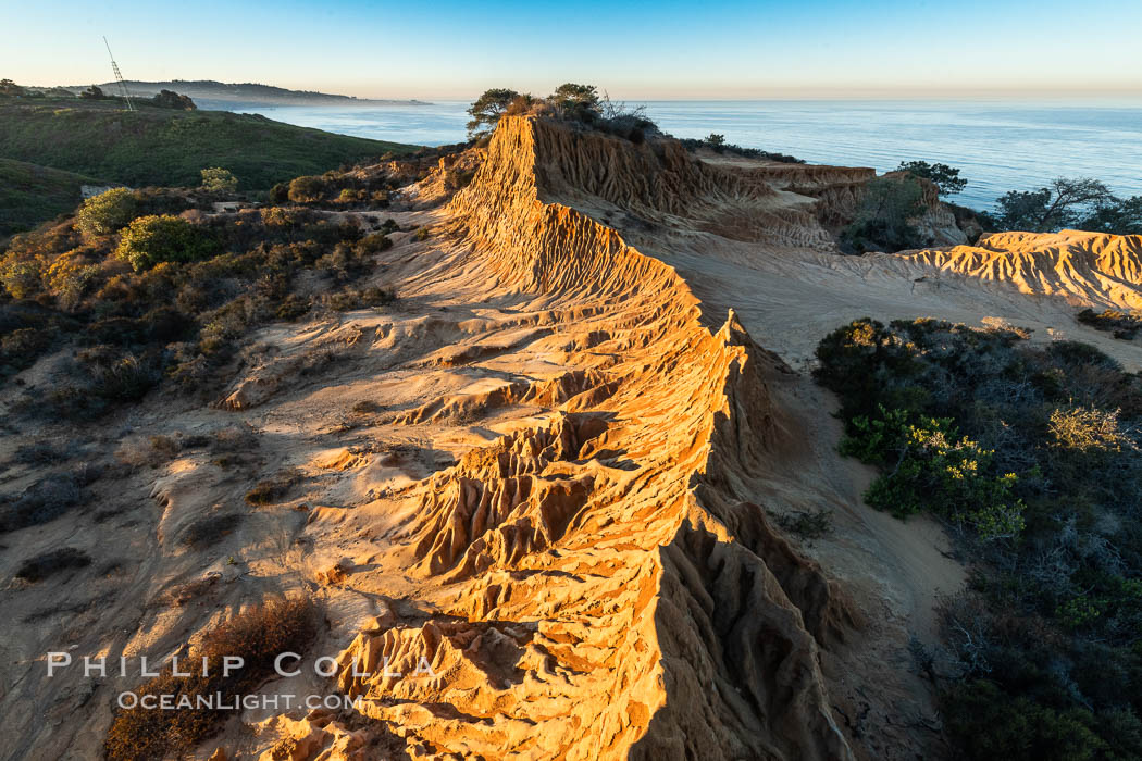 Broken Hill by the first light of dawn, overlooking the Pacific Ocean and Torrey Pines State Reserve, La Jolla and Mount Soledad in the distance. San Diego, California, USA, natural history stock photograph, photo id 36568