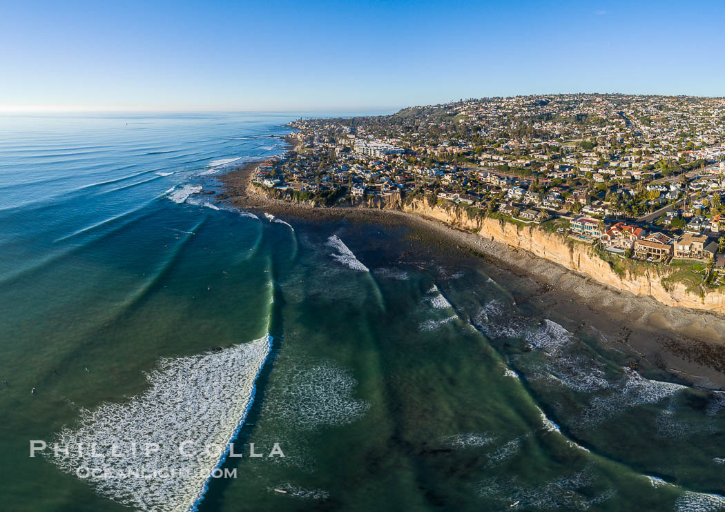 Tourmaline Beach and Surf Park aerial photo, with waves wrapping around False Point, La Jolla. California, USA, natural history stock photograph, photo id 38204