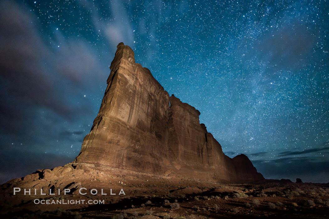 Stars over the Tower of Babel, starry night, Arches National Park, Utah. (Note: this image was created before a ban on light-painting in Arches National Park was put into effect.  Light-painting is no longer permitted in Arches National Park). USA, natural history stock photograph, photo id 27847
