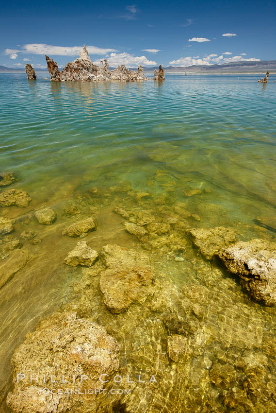 Tufa towers rise from Mono Lake. Tufa towers are formed when underwater springs rich in calcium mix with lakewater rich in carbonates, forming calcium carbonate (limestone) structures below the surface of the lake. The towers were eventually revealed when the water level in the lake was lowered starting in 1941. South tufa grove, Navy Beach. California, USA, natural history stock photograph, photo id 23174