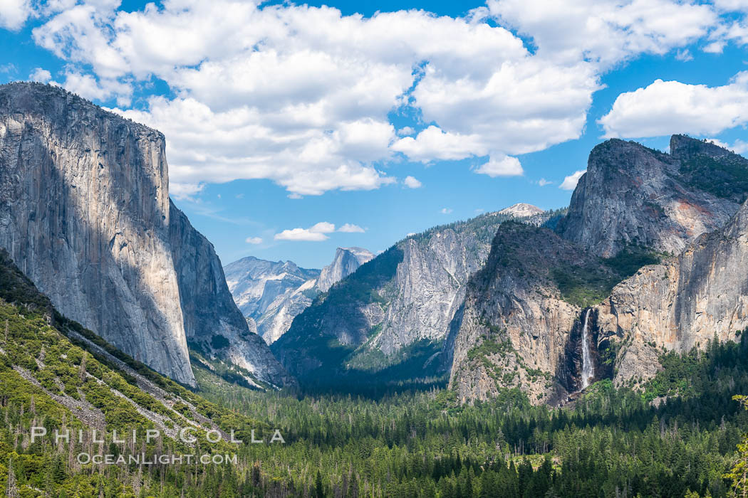 Tunnel view with El Capitan and Bridalveil Falls, in spring, Yosemite National Park. California, USA, natural history stock photograph, photo id 36373