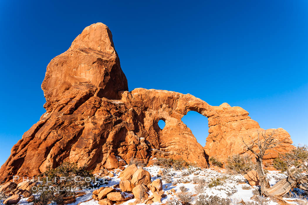 Turret Arch, winter, sunrise. Arches National Park, Utah, USA, natural history stock photograph, photo id 18150