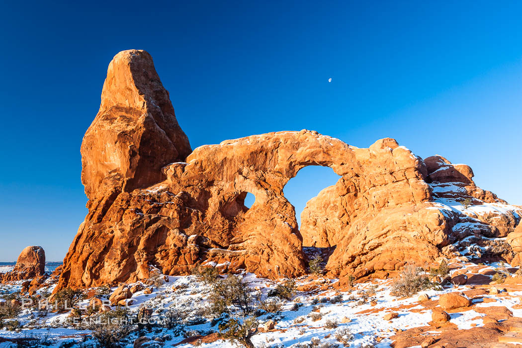 Turret Arch, winter, sunrise. Arches National Park, Utah, USA, natural history stock photograph, photo id 18148