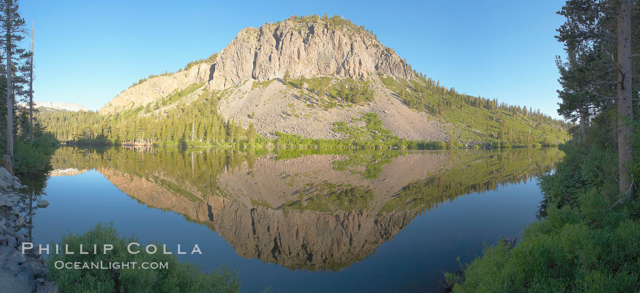 Panorama of cliffs rising about Twin Lakes at sunrise, Mammoth Lakes. California, USA, natural history stock photograph, photo id 19127