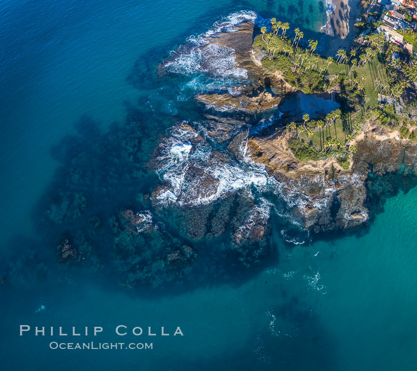 Twin Points and Shaws Cove Reef visible in aerial photo, showing underwater terrain of the famous scuba diving location, Laguna Beach, California