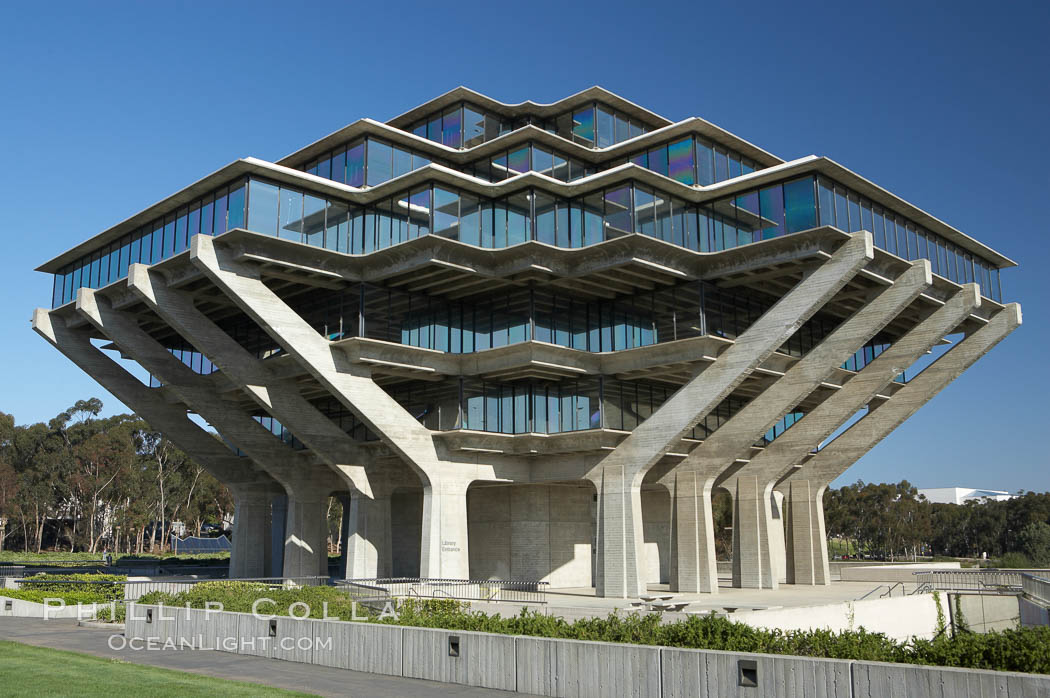 The UCSD Library (Geisel Library, UCSD Central Library) at the University of California, San Diego.  UCSD Library.  La Jolla, California.  On December 1, 1995 The University Library Building was renamed Geisel Library in honor of Audrey and Theodor Geisel (Dr. Seuss) for the generous contributions they have made to the library and their devotion to improving literacy.  In The Tower, Floors 4 through 8 house much of the Librarys collection and study space, while Floors 1 and 2 house service desks and staff work areas.  The library, designed in the late 1960s by William Pereira, is an eight story, concrete structure sited at the head of a canyon near the center of the campus. The lower two stories form a pedestal for the six story, stepped tower that has become a visual symbol for UCSD. USA, natural history stock photograph, photo id 11278