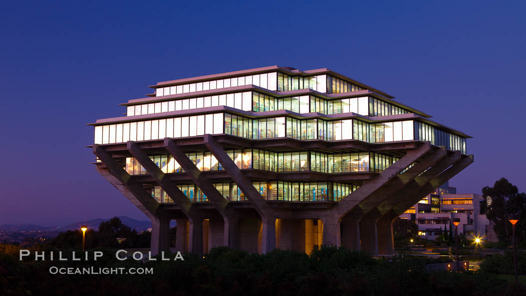 UCSD Library glows at sunset (Geisel Library, UCSD Central Library). University of California, San Diego, USA, natural history stock photograph, photo id 26910