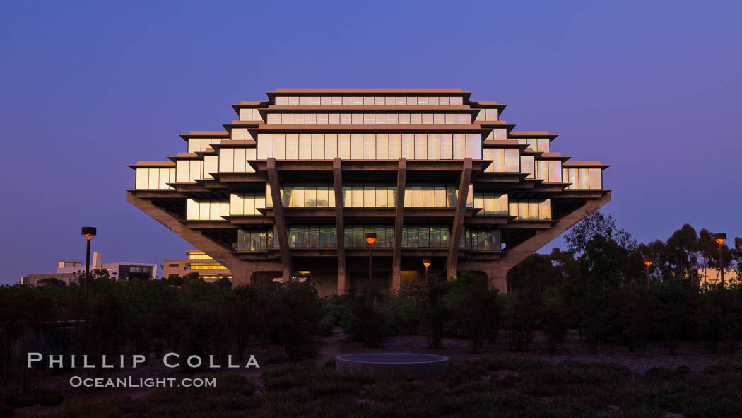 UCSD Library glows at sunset (Geisel Library, UCSD Central Library). University of California, San Diego, USA, natural history stock photograph, photo id 26907