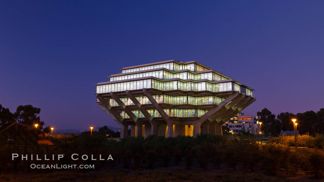 UCSD Library glows at sunset (Geisel Library, UCSD Central Library). University of California, San Diego, USA, natural history stock photograph, photo id 26911