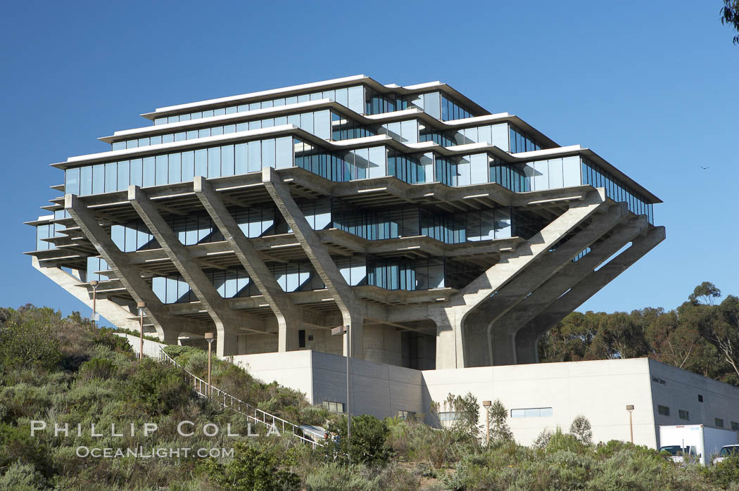 The UCSD Library (Geisel Library, UCSD Central Library) at the University of California, San Diego.  UCSD Library.  La Jolla, California.  On December 1, 1995 The University Library Building was renamed Geisel Library in honor of Audrey and Theodor Geisel (Dr. Seuss) for the generous contributions they have made to the library and their devotion to improving literacy.  In The Tower, Floors 4 through 8 house much of the Librarys collection and study space, while Floors 1 and 2 house service desks and staff work areas.  The library, designed in the late 1960s by William Pereira, is an eight story, concrete structure sited at the head of a canyon near the center of the campus. The lower two stories form a pedestal for the six story, stepped tower that has become a visual symbol for UCSD. USA, natural history stock photograph, photo id 11275