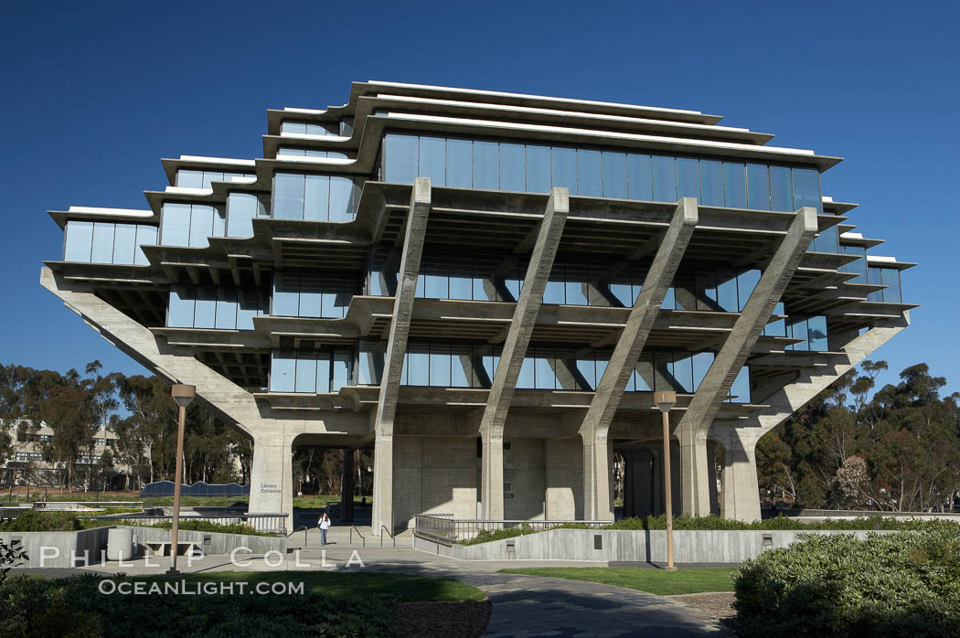 The UCSD Library (Geisel Library, UCSD Central Library) at the University of California, San Diego.  UCSD Library.  La Jolla, California.  On December 1, 1995 The University Library Building was renamed Geisel Library in honor of Audrey and Theodor Geisel (Dr. Seuss) for the generous contributions they have made to the library and their devotion to improving literacy.  In The Tower, Floors 4 through 8 house much of the Librarys collection and study space, while Floors 1 and 2 house service desks and staff work areas.  The library, designed in the late 1960s by William Pereira, is an eight story, concrete structure sited at the head of a canyon near the center of the campus. The lower two stories form a pedestal for the six story, stepped tower that has become a visual symbol for UCSD. USA, natural history stock photograph, photo id 11277