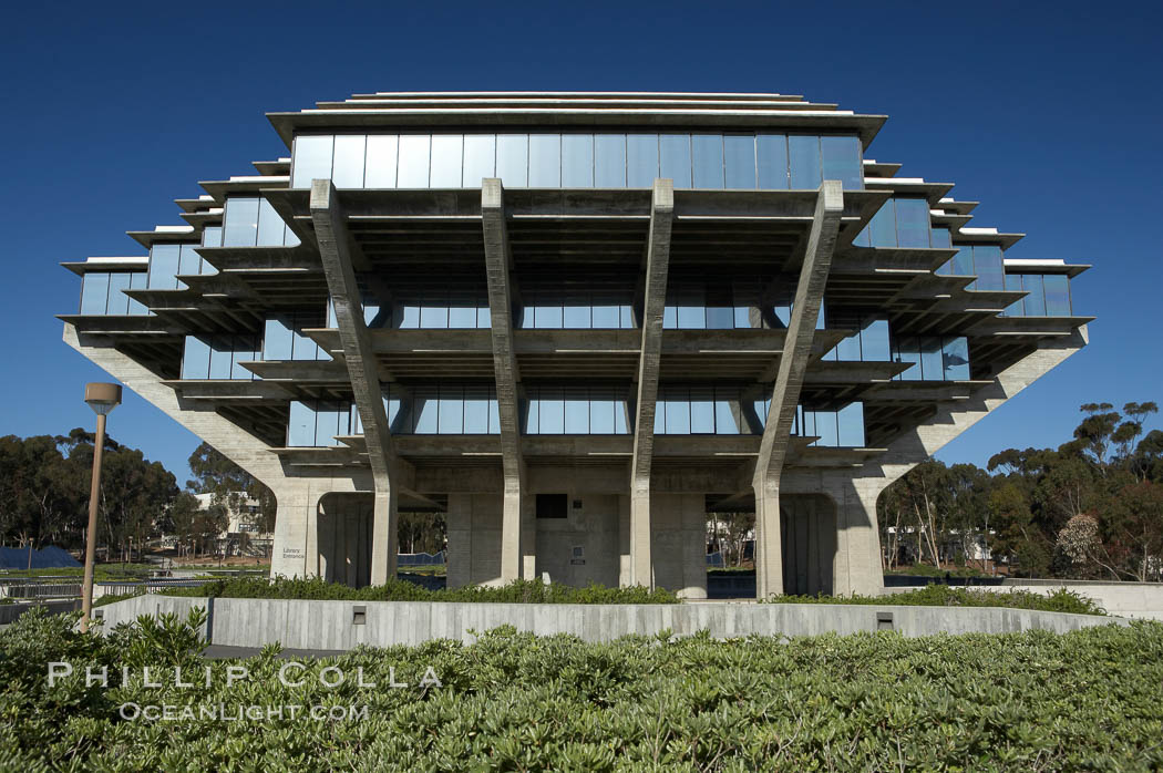 The UCSD Library (Geisel Library, UCSD Central Library) at the University of California, San Diego.  UCSD Library.  La Jolla, California.  On December 1, 1995 The University Library Building was renamed Geisel Library in honor of Audrey and Theodor Geisel (Dr. Seuss) for the generous contributions they have made to the library and their devotion to improving literacy.  In The Tower, Floors 4 through 8 house much of the Librarys collection and study space, while Floors 1 and 2 house service desks and staff work areas.  The library, designed in the late 1960s by William Pereira, is an eight story, concrete structure sited at the head of a canyon near the center of the campus. The lower two stories form a pedestal for the six story, stepped tower that has become a visual symbol for UCSD. USA, natural history stock photograph, photo id 11281