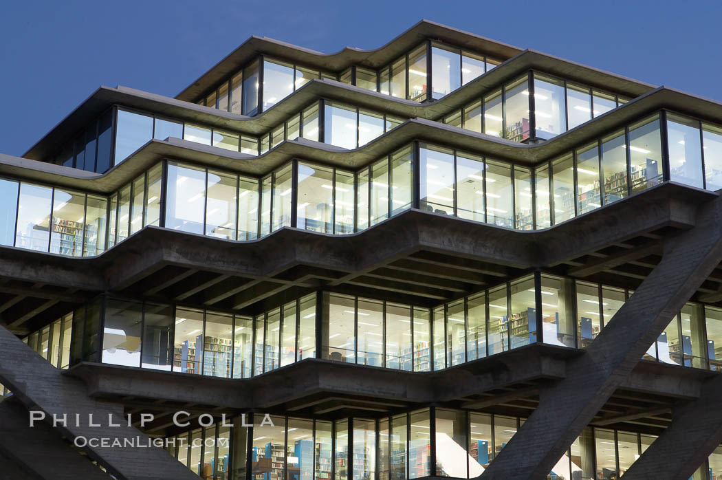 UCSD Library glows with light in this night time exposure (Geisel Library, UCSD Central Library). University of California, San Diego, La Jolla, USA, natural history stock photograph, photo id 20186