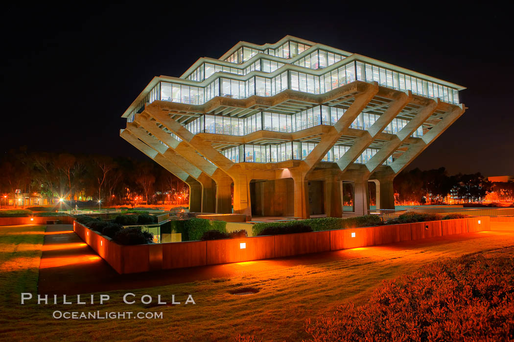 UCSD Library glows with light in this night time exposure (Geisel Library, UCSD Central Library). University of California, San Diego, La Jolla, USA, natural history stock photograph, photo id 20144