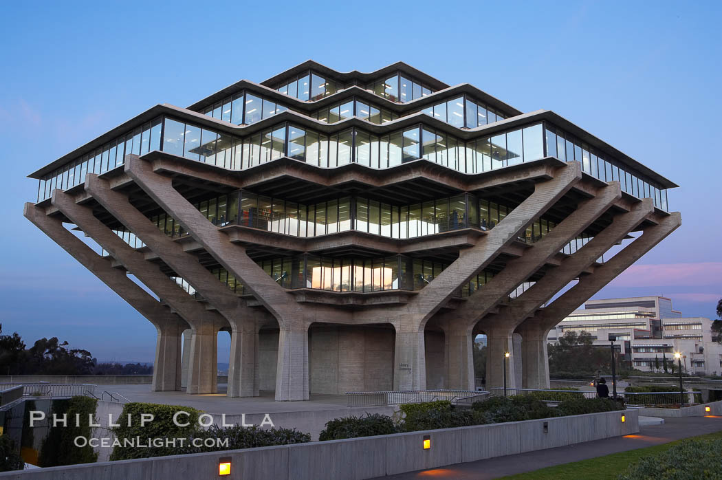 UCSD Library glows with light in this night time exposure (Geisel Library, UCSD Central Library). University of California, San Diego, La Jolla, USA, natural history stock photograph, photo id 20180