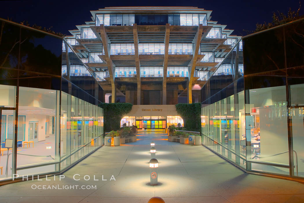 UCSD Library glows with light in this night time exposure (Geisel Library, UCSD Central Library). University of California, San Diego, La Jolla, USA, natural history stock photograph, photo id 20143