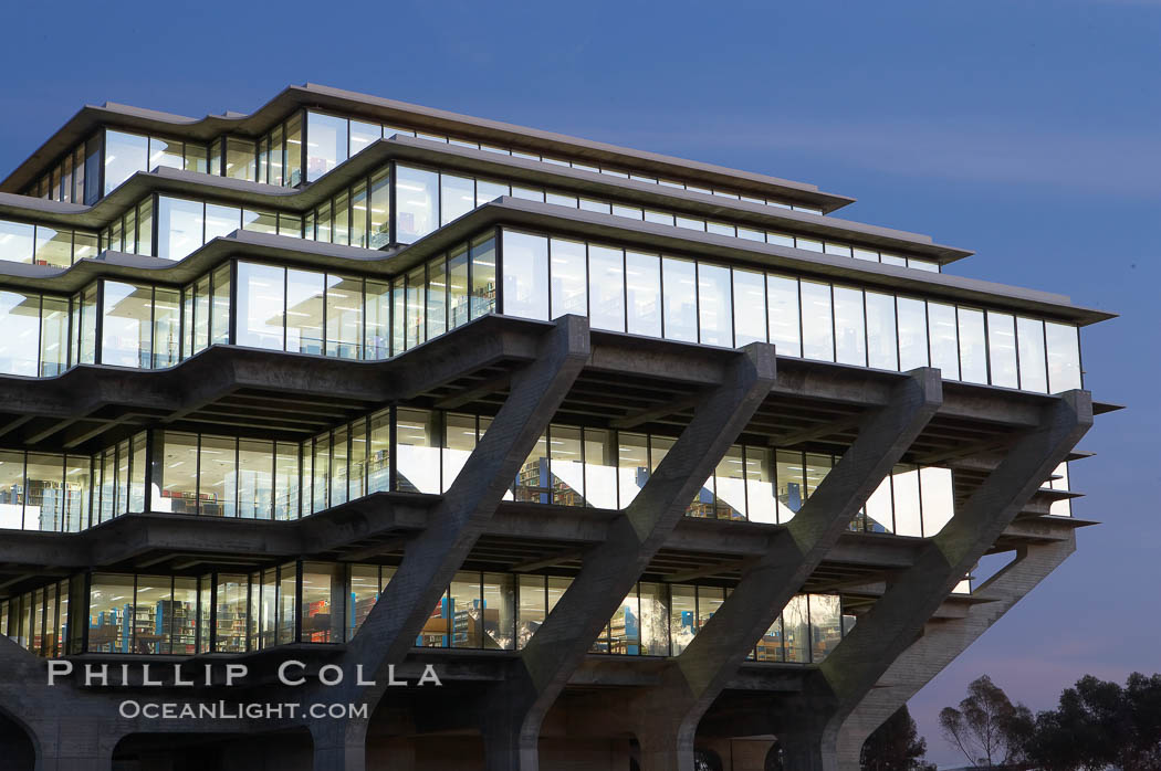 UCSD Library glows with light in this night time exposure (Geisel Library, UCSD Central Library). University of California, San Diego, La Jolla, USA, natural history stock photograph, photo id 20181