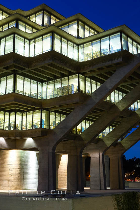 UCSD Library glows at sunset (Geisel Library, UCSD Central Library). University of California, San Diego, La Jolla, USA, natural history stock photograph, photo id 14782