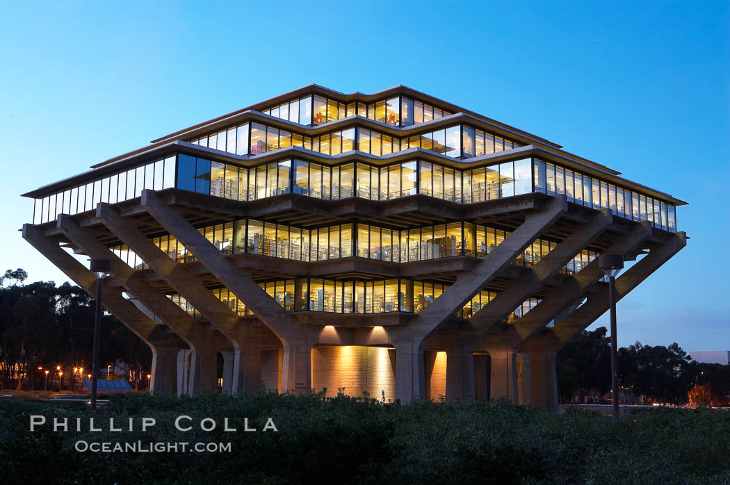 UCSD Library glows at sunset (Geisel Library, UCSD Central Library). University of California, San Diego, La Jolla, USA, natural history stock photograph, photo id 14776