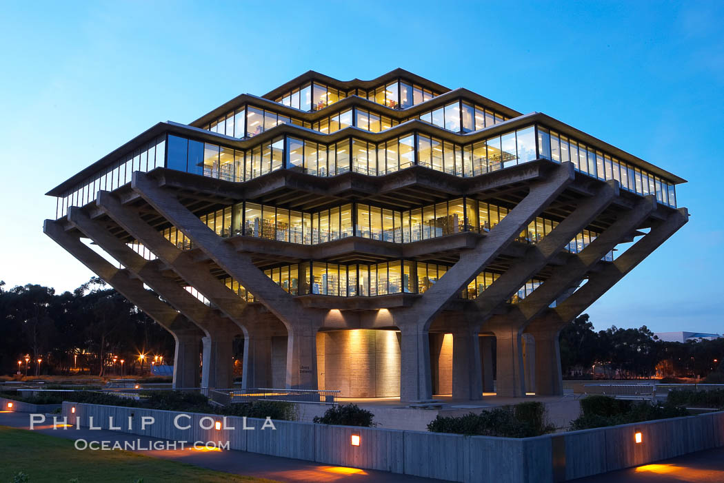 UCSD Library glows at sunset (Geisel Library, UCSD Central Library). University of California, San Diego, La Jolla, USA, natural history stock photograph, photo id 14775