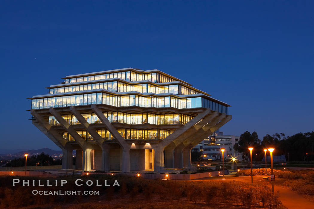 UCSD Library glows at sunset (Geisel Library, UCSD Central Library). University of California, San Diego, La Jolla, USA, natural history stock photograph, photo id 14779