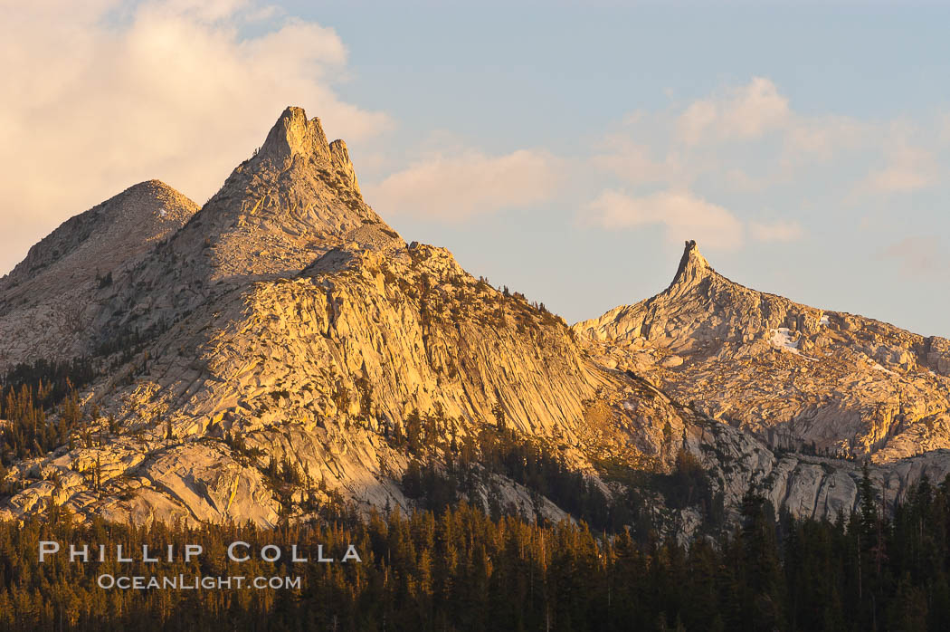 Unicorn Peak at sunset, seen from Tuolumne Meadows.  Cockscomb Peak rises in the distance. Yosemite National Park, California, USA, natural history stock photograph, photo id 09947