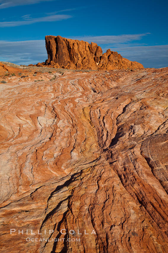 Sandstone striations and butte, dawn. Valley of Fire State Park, Nevada, USA, natural history stock photograph, photo id 26522
