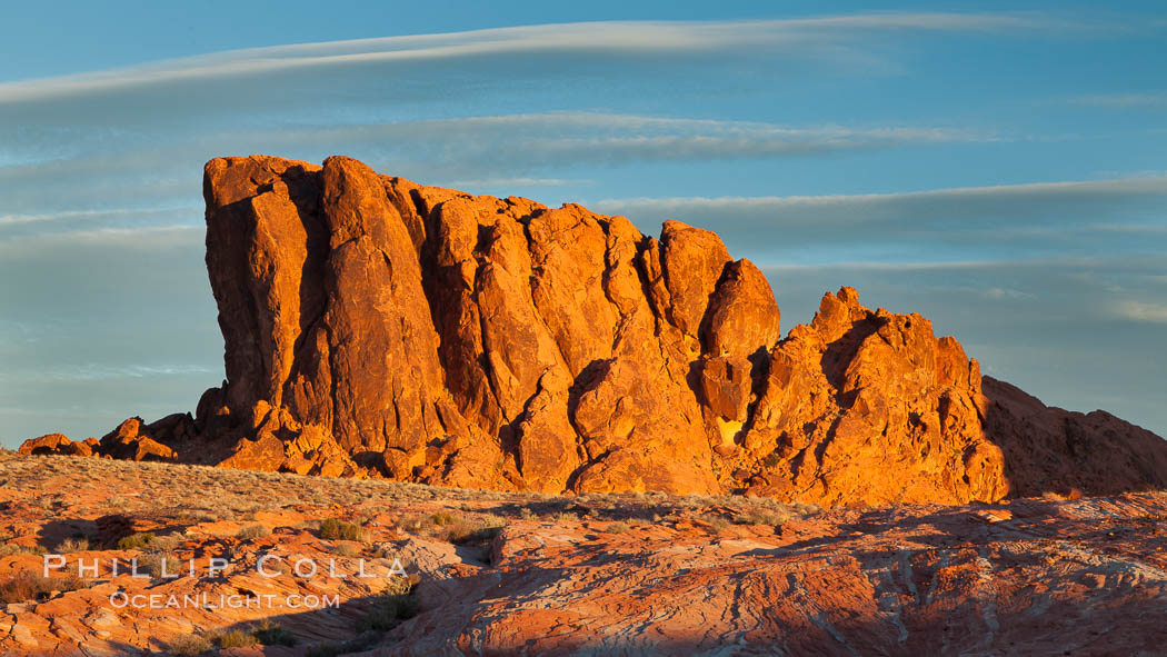 Sandstone striations and butte, dawn. Valley of Fire State Park, Nevada, USA, natural history stock photograph, photo id 26491