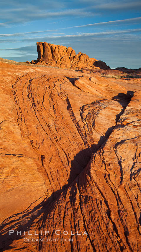 Sandstone striations and butte, dawn. Valley of Fire State Park, Nevada, USA, natural history stock photograph, photo id 26499