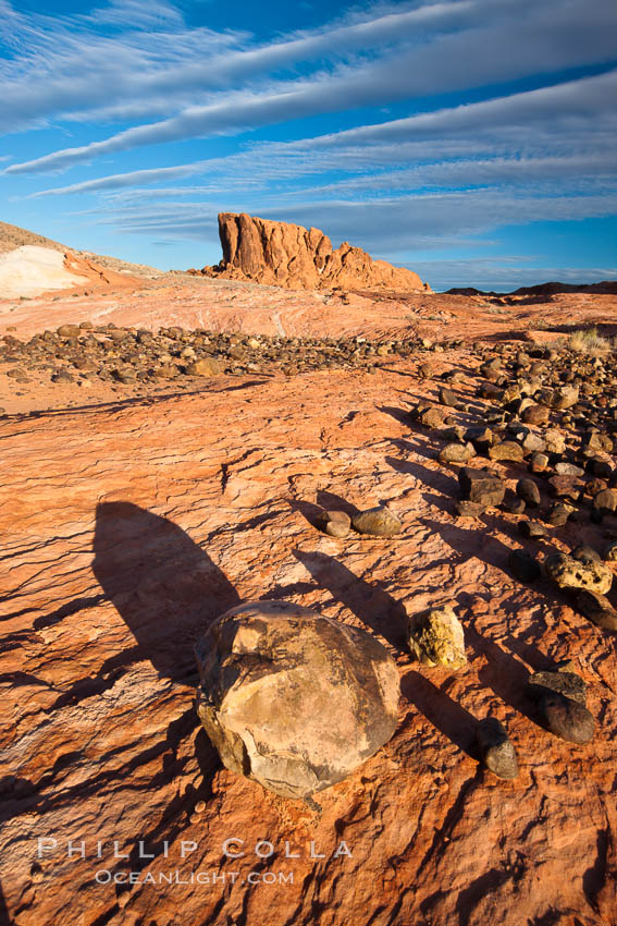 Boulders and sandstone striations, mountain butte, dawn. Valley of Fire State Park, Nevada, USA, natural history stock photograph, photo id 26503