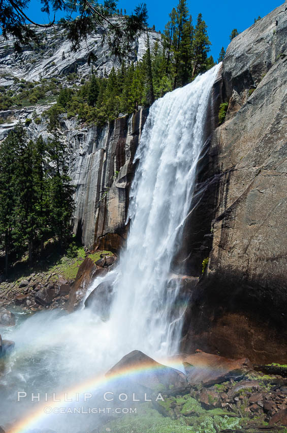 A rainbow forms in the thick mist surrounding Vernal Falls, Little Yosemite Valley, Spring. Yosemite National Park, California, natural history stock photograph, photo id 09189