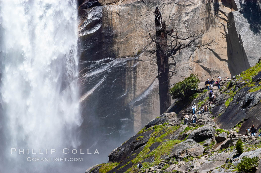Hikers climb the Mist Trail (at right) through Little Yosemite Valley, approaching Vernal Falls.  Spring. Yosemite National Park, California, USA, natural history stock photograph, photo id 09200