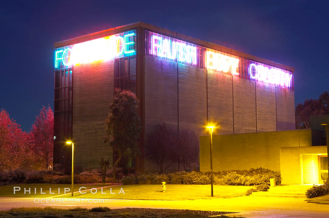 Vices and Virtues, part of the Stuart Collection and University of California, San Diego (UCSD).  Artist Bruce Naumann created Vices and Virtues in 1988 along the top of the Charles Lee Powell Structural Systems Laboratory at UCSD.  Vices and virtues named in alternating neon light blink bizarrely around the building, lighting the night sky at UCSD.  Very odd., natural history stock photograph, photo id 14772