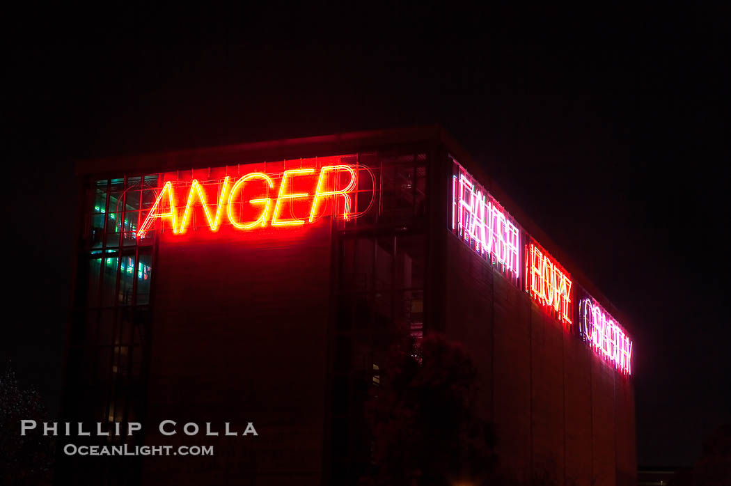 Vices and Virtues, part of the Stuart Collection and University of California, San Diego (UCSD).  Artist Bruce Naumann created Vices and Virtues in 1988 along the top of the Charles Lee Powell Structural Systems Laboratory at UCSD.  Vices and virtues named in alternating neon light blink bizarrely around the building, lighting the night sky at UCSD.  Very odd., natural history stock photograph, photo id 14773