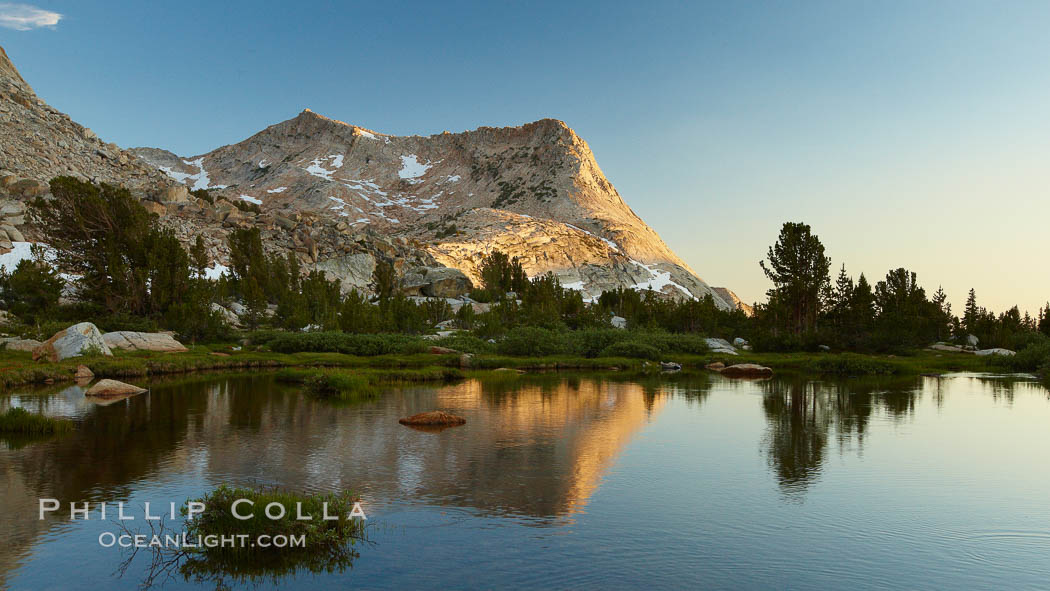 Vogelsang Peak (11516') at sunset, reflected in a small creek near Vogelsang High Sierra Camp in Yosemite's high country. Yosemite National Park, California, USA, natural history stock photograph, photo id 23202
