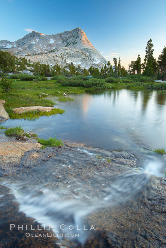 Vogelsang Peak (11516') at sunset, reflected in a small creek near Vogelsang High Sierra Camp in Yosemite's high country. Yosemite National Park, California, USA, natural history stock photograph, photo id 23220