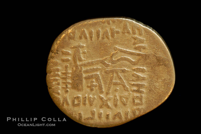 Vologases III of Parthia (105-147 A.D.), depicted on ancient Parthian coin (silver, denom/type: Drachm) (Ar Drachm, aVF. Obverse: Bust left. Reverse: archer enthroned right, holding bow, Greek legend.)., natural history stock photograph, photo id 06750