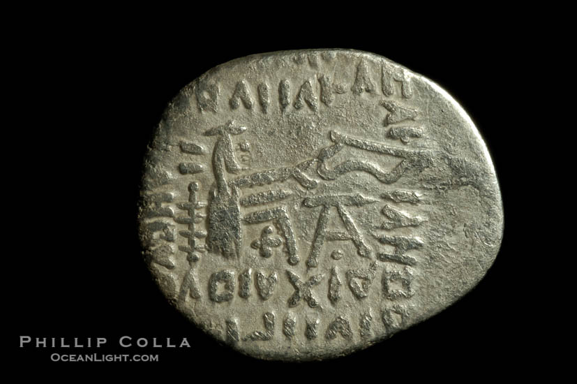 Vologases III of Parthia (105-147 A.D.), depicted on ancient Parthian coin (silver, denom/type: Drachm) (Ar Drachm, aVF. Obverse: Bust left. Reverse: archer enthroned right, holding bow, Greek legend.)., natural history stock photograph, photo id 06751
