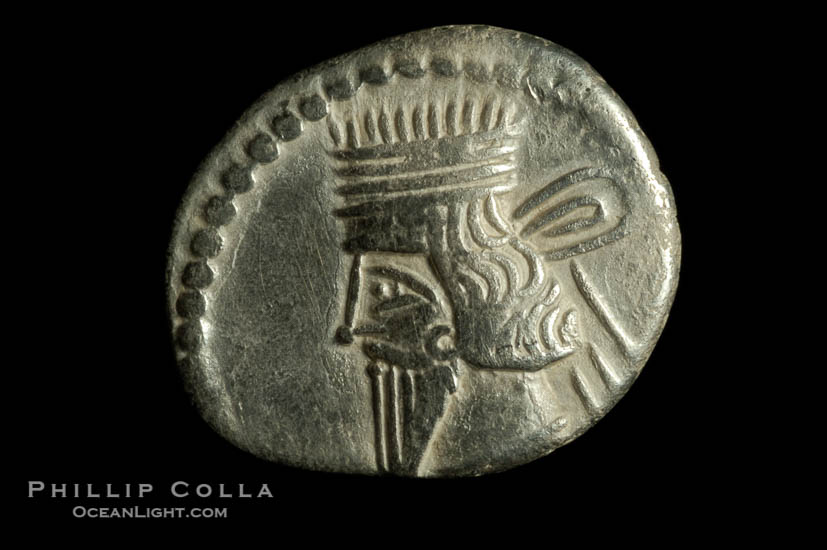 Vologases III of Parthia (105-147 A.D.), depicted on ancient Parthian coin (silver, denom/type: Drachm) (Ar Drachm, aVF. Obverse: Bust left. Reverse: archer enthroned right, holding bow, Greek legend.)., natural history stock photograph, photo id 06749