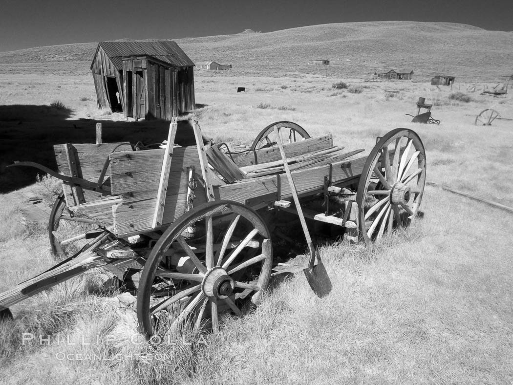 Image 23113, Wagon near Miner's Union Hall, infrared. Bodie State Historical Park, California, USA, Phillip Colla, all rights reserved worldwide. Keywords: arrested decay, bodie, bodie ghost town, bodie state historic park, bodie state historical park, bridgeport, california, cart, eastern sierra, ghost town, gold mine, gold mining, gold rush, historic state park, infrared, infrared photography, mining camp, mining town, old west, outdoors, outside, sierra, state park, state parks, town, usa, village, wagon, west, wood.