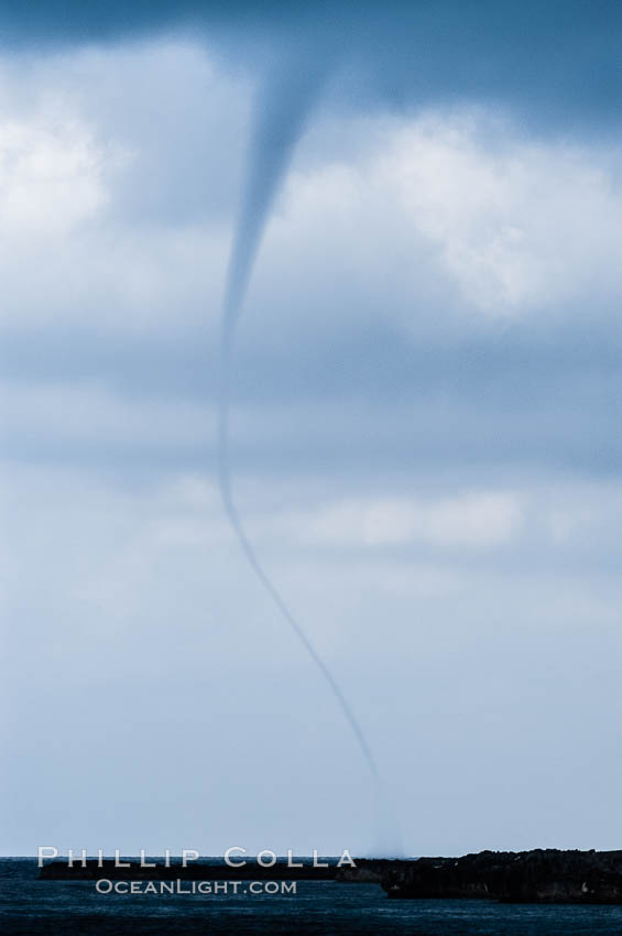 The early stage of a waterspout, in which a funnel descends from clouds down toward the ocean surface.  Note the thin curved vortex of the waterspout, it is not yet mature.  Waterspouts are tornados that form over water. Bahamas, natural history stock photograph, photo id 10849