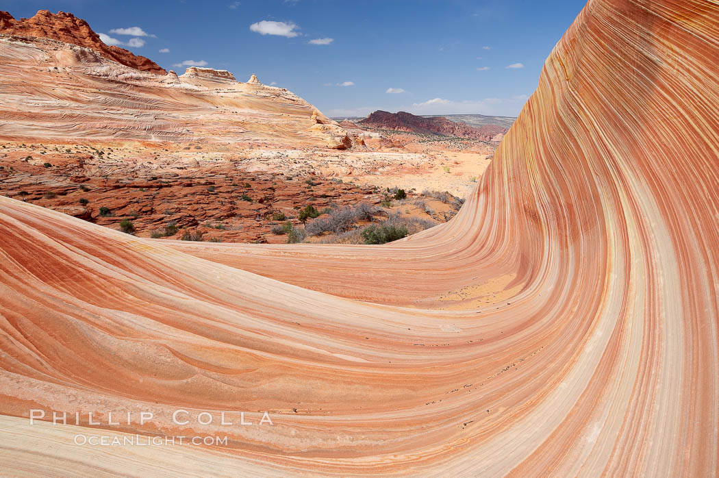 The Wave, an area of fantastic eroded sandstone featuring beautiful swirls, wild colors, countless striations, and bizarre shapes set amidst the dramatic surrounding North Coyote Buttes of Arizona and Utah.  The sandstone formations of the North Coyote Buttes, including the Wave, date from the Jurassic period. Managed by the Bureau of Land Management, the Wave is located in the Paria Canyon-Vermilion Cliffs Wilderness and is accessible on foot by permit only. USA, natural history stock photograph, photo id 20644