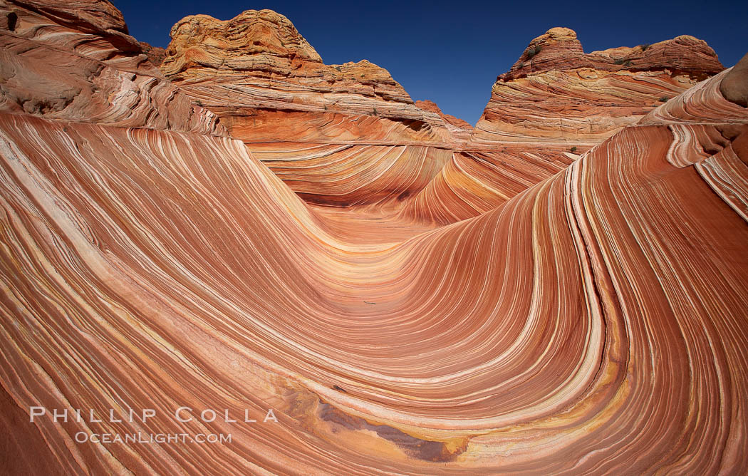 The Wave, an area of fantastic eroded sandstone featuring beautiful swirls, wild colors, countless striations, and bizarre shapes set amidst the dramatic surrounding North Coyote Buttes of Arizona and Utah.  The sandstone formations of the North Coyote Buttes, including the Wave, date from the Jurassic period. Managed by the Bureau of Land Management, the Wave is located in the Paria Canyon-Vermilion Cliffs Wilderness and is accessible on foot by permit only. USA, natural history stock photograph, photo id 20648