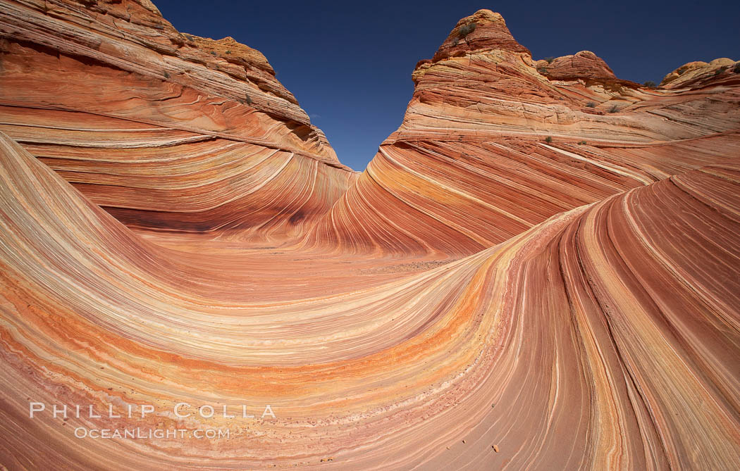 The Wave, an area of fantastic eroded sandstone featuring beautiful swirls, wild colors, countless striations, and bizarre shapes set amidst the dramatic surrounding North Coyote Buttes of Arizona and Utah.  The sandstone formations of the North Coyote Buttes, including the Wave, date from the Jurassic period. Managed by the Bureau of Land Management, the Wave is located in the Paria Canyon-Vermilion Cliffs Wilderness and is accessible on foot by permit only. USA, natural history stock photograph, photo id 20619