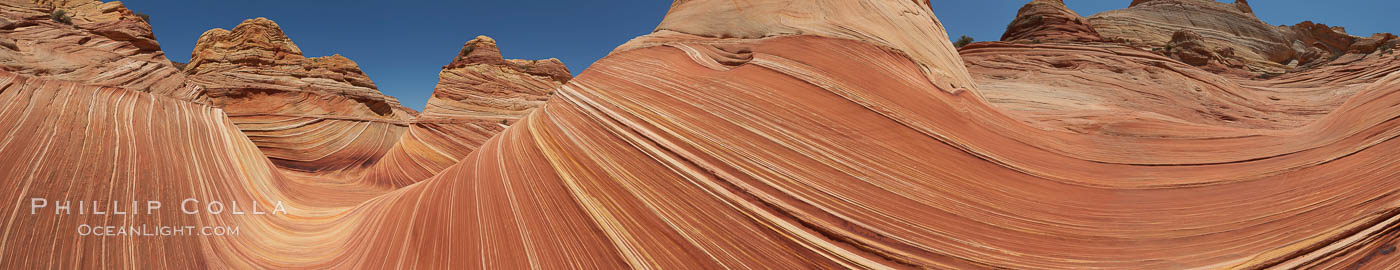 Panorama of the Wave.  The Wave is a sweeping, dramatic display of eroded sandstone, forged by eons of water and wind erosion, laying bare striations formed from compacted sand dunes over millenia.  This panoramic picture is formed from nine individual photographs. North Coyote Buttes, Paria Canyon-Vermilion Cliffs Wilderness, Arizona, USA, natural history stock photograph, photo id 20708
