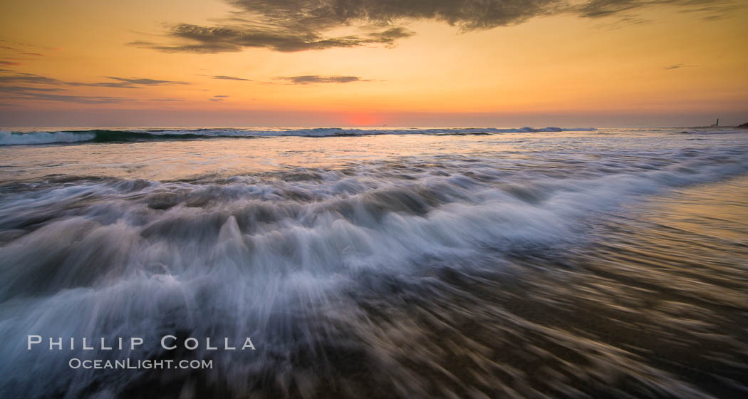 Waves rush in at sunset, Carlsbad beach sunset and ocean waves, seascape, dusk, summer. California, USA, natural history stock photograph, photo id 27974